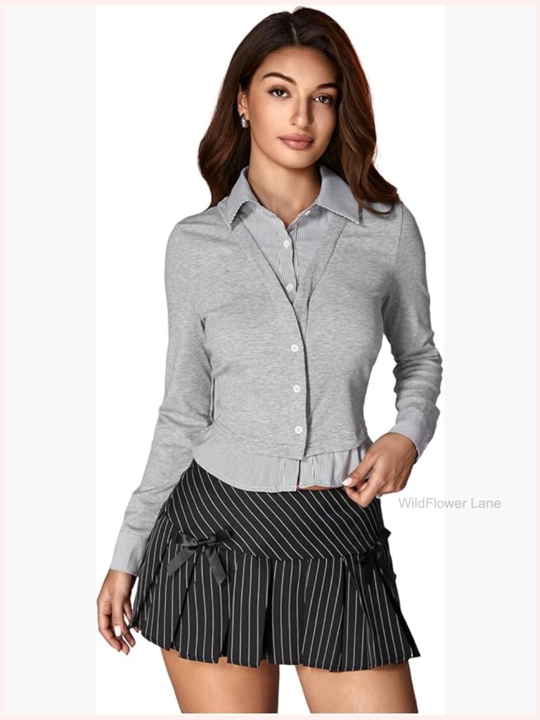 Long Sleeve Button Down Collared Blouse Business Top
